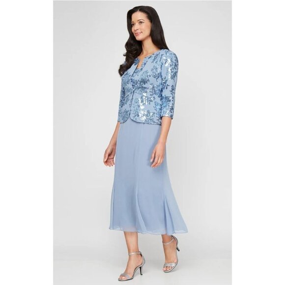 Alex Evenings Sequined A-Line Midi Dress and Jacket Size 12 Blue Formal Event - Picture 1 of 14